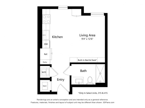 Floor plan for studio, 1 bath, 397 sqft